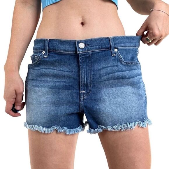 New 7 for All Mankind Blue Cut Off Jean Shorts Women Plus Size 32 Raw Hem Summer - Picture 1 of 10